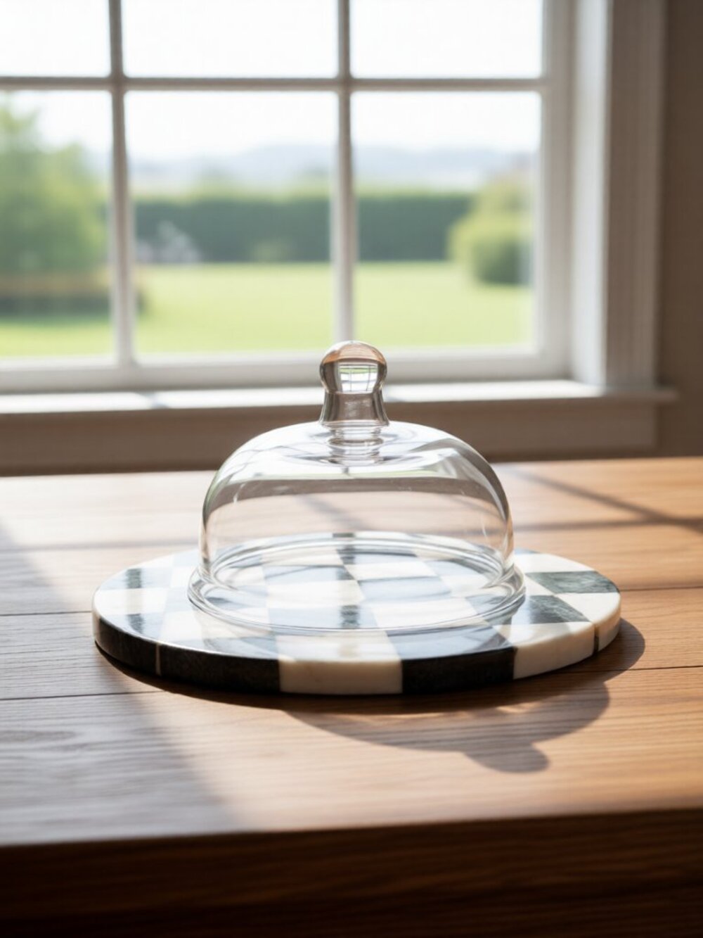 Glass Cloche with Marble Checkerboard Base
